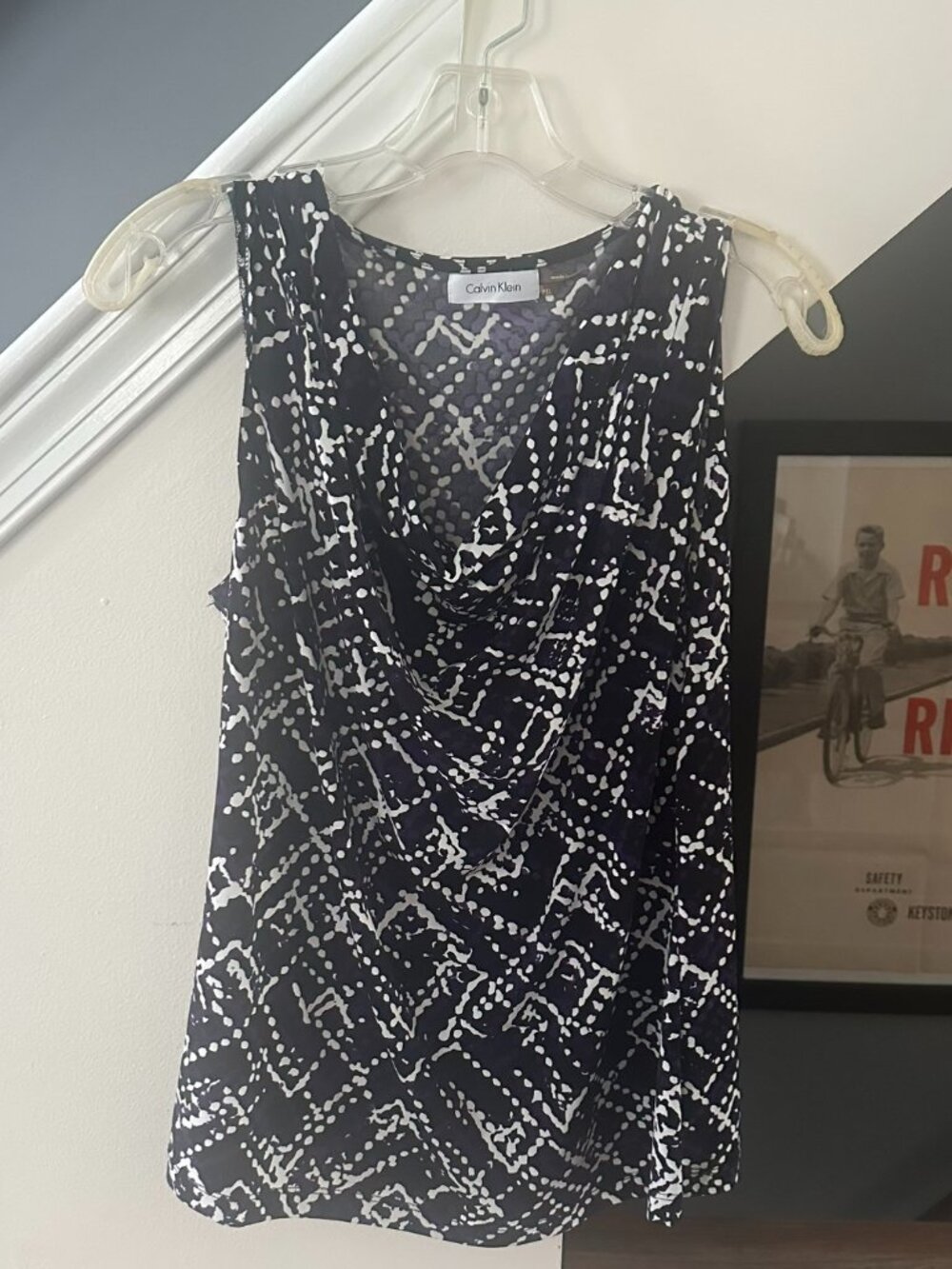Calvin Klein Sleeveless Draped Blouse – Size PXL – Black w/ White & Purple Accen